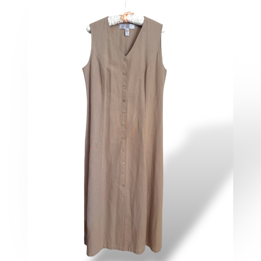 90s Vintage Karen Scott Linen Abalone Modest Breathable  Beige Midi Dress Sz.10